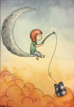 The girl sitting on the moon and fishing for a present, which looks a bit like a piece of the moon and has little stars on the bow.